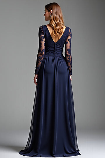 Navy Lace Long Sleeves V Neck A Line Chiffon Formal Dress